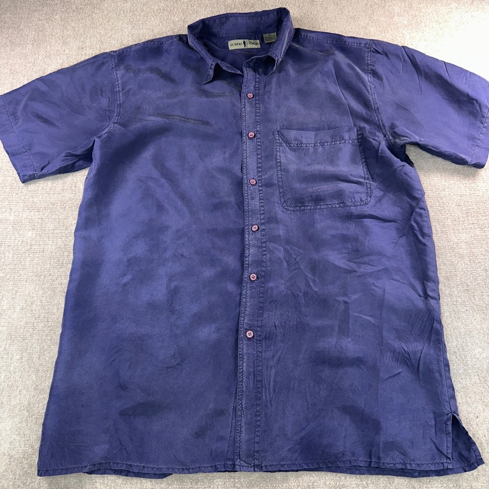 Robert Stock Mens Purple 100% Silk Short Sleeve Button Down Shirt Medium 6436